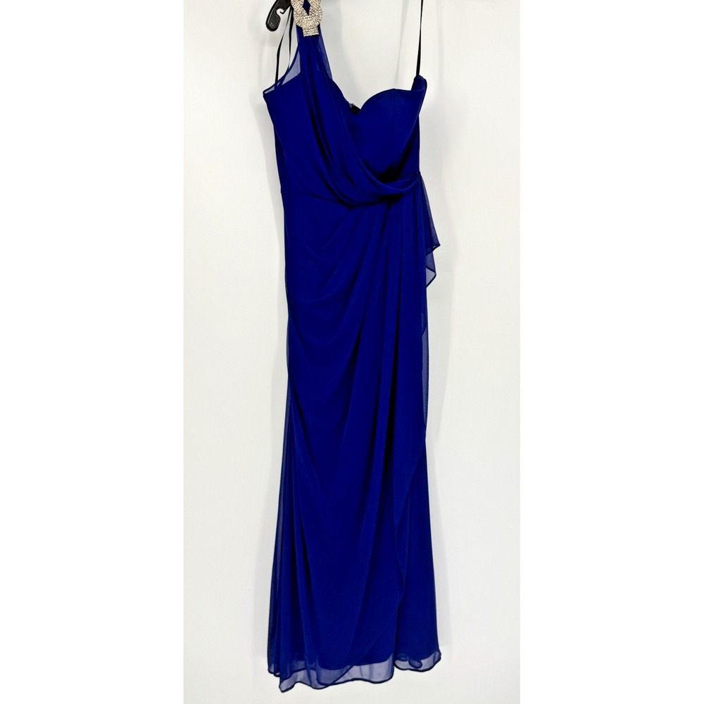 Xscape Royal Blue One Shoulder Formal Gown Rhinestone Strap Draped Chiffon 12
